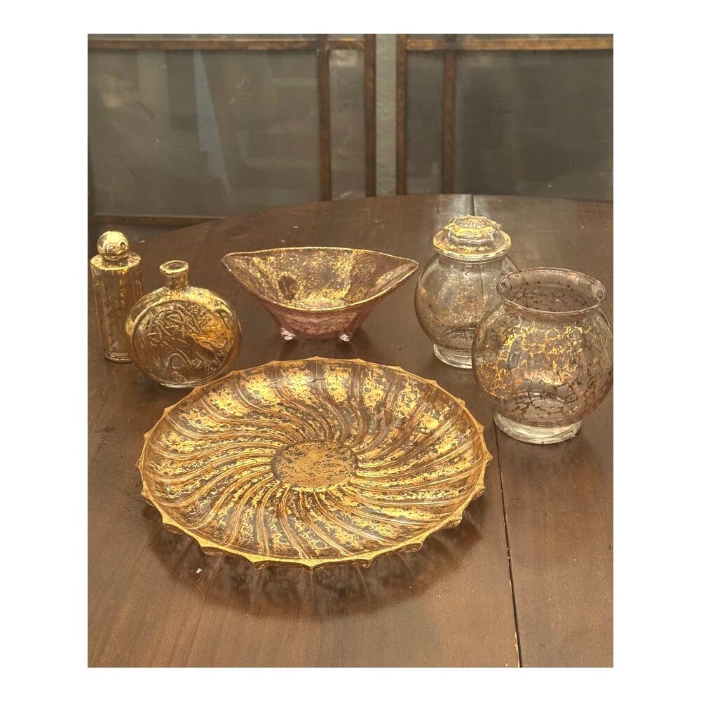 Hollywood Regency Reverse Painted Gold Glass Vanity & Serving Set - 6 Pc
